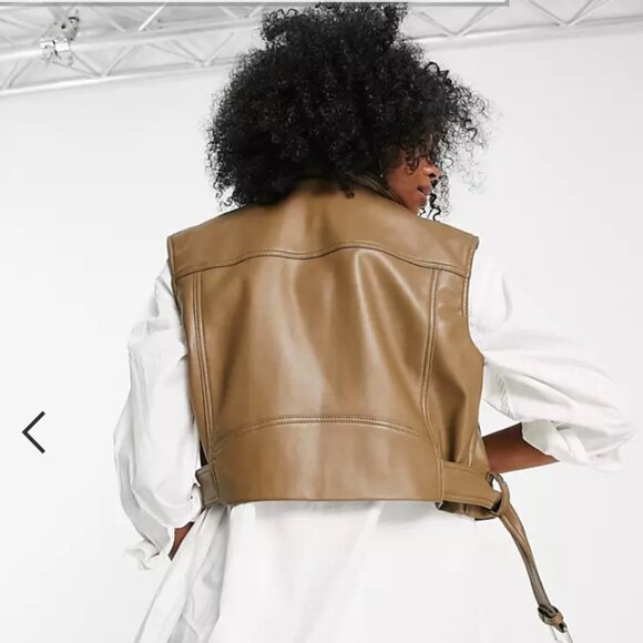 Topshop cropped sleeveless biker jacket vest in brown - NWOT - Picture 2 of 6